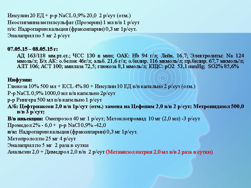 Инсулин 20 ЕД + р-р NaCL 0,9% 20,0  2 р/сут (отм.) Неостигмина метилсульфат